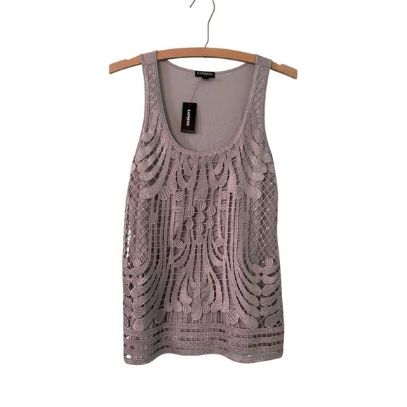 Express Women’s SP Silver Embroidered Lace Overlay Dressy Tank Top 16” PTP - Picture 1 of 4